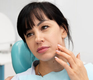 lady is having tooth pain showing to dentist
